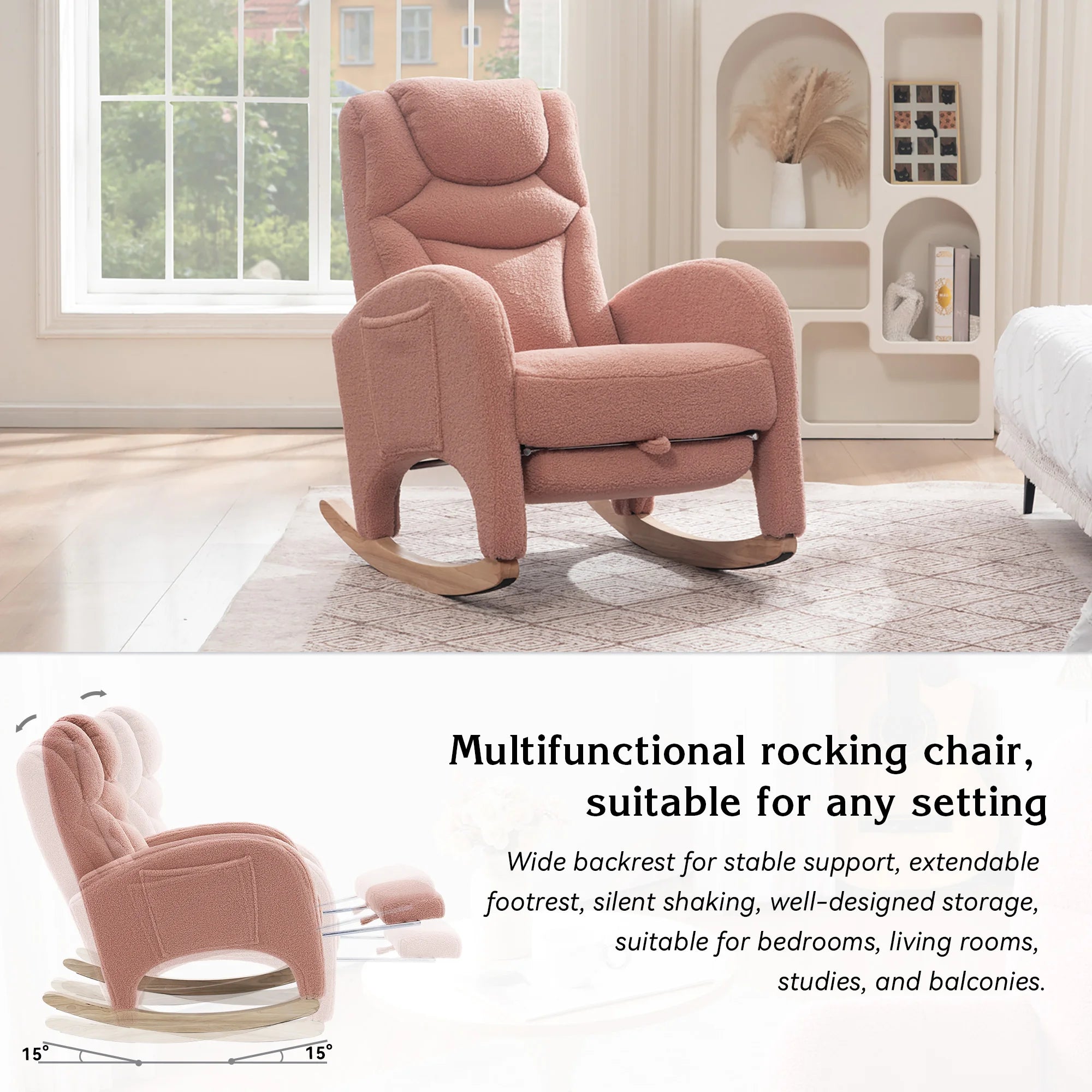 Sedia a dondolo regolabile in legno massello vari colori con poggiapiedi