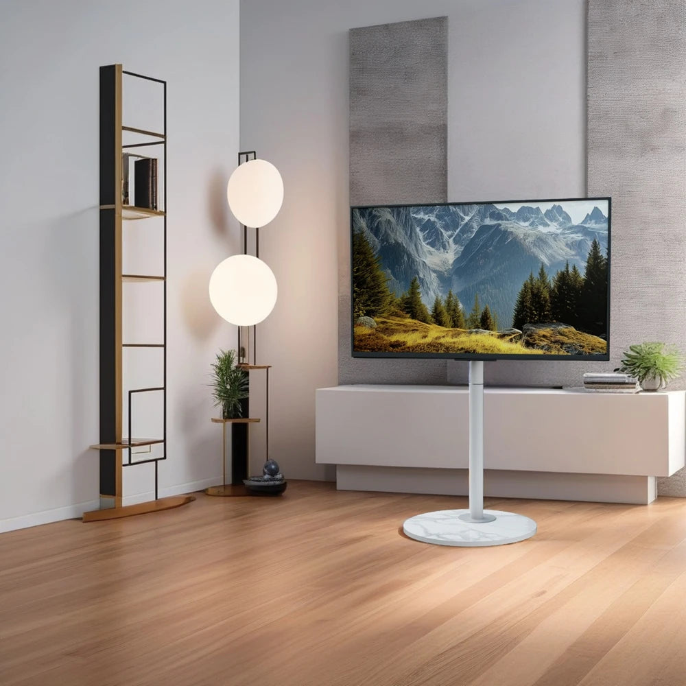 Meuble TV sur pied moderne et minimaliste de 40" à 75" avec base en pierre