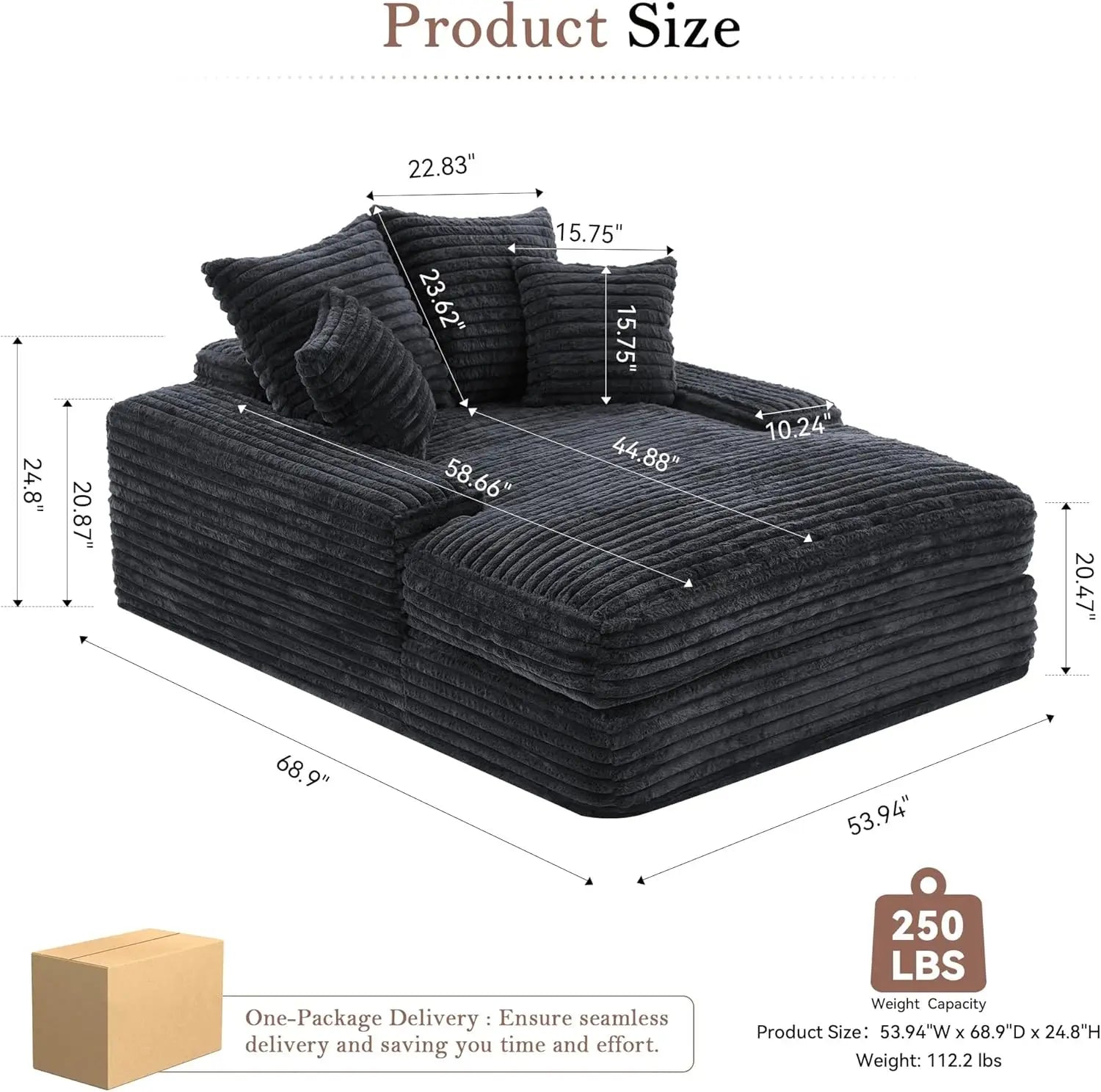 Poltrona chaise longue oversize imbottita in velluto a coste