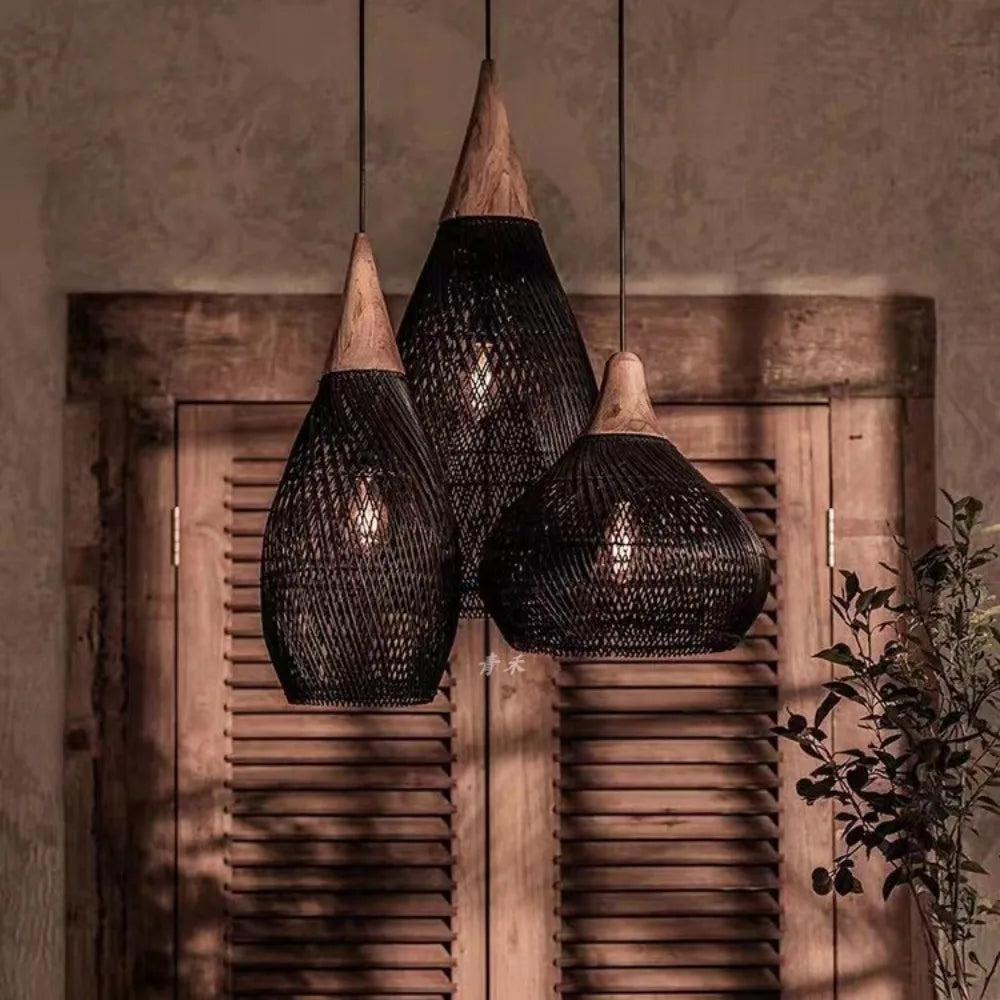 Lampadari a sospensione retrò in bambù intrecciato a mano, lampade a sospensione Wabi Sabi.