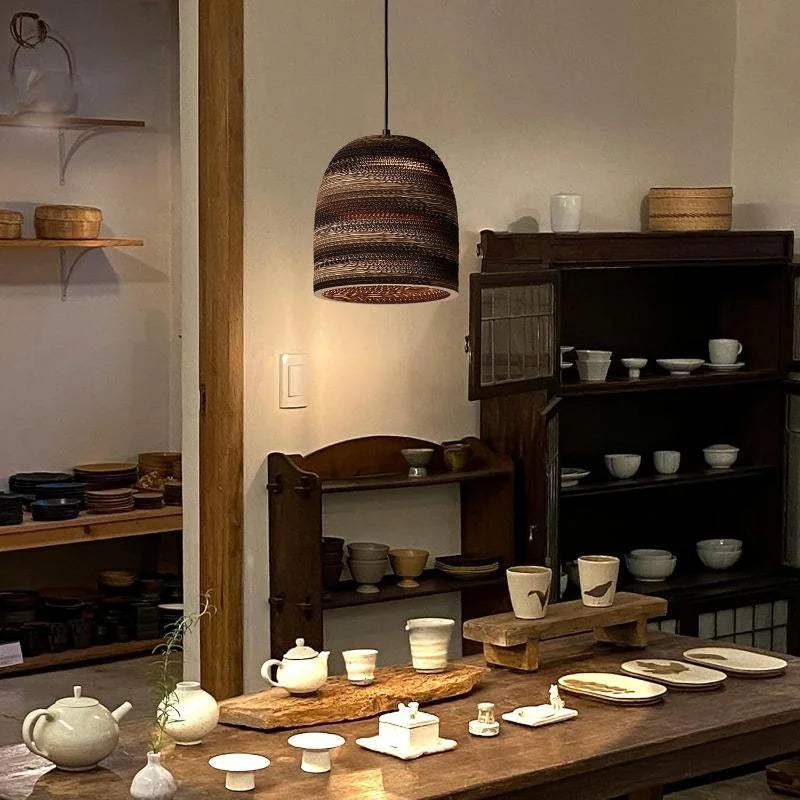 Lampada a sospensione vintage nordica con paralume in carta ondulata  E27