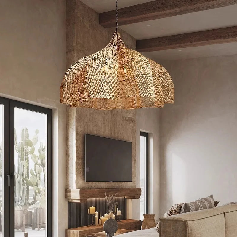 Nuova lampada a sospensione in bambù a LED, realizzata a mano, con arte creativa vintage.