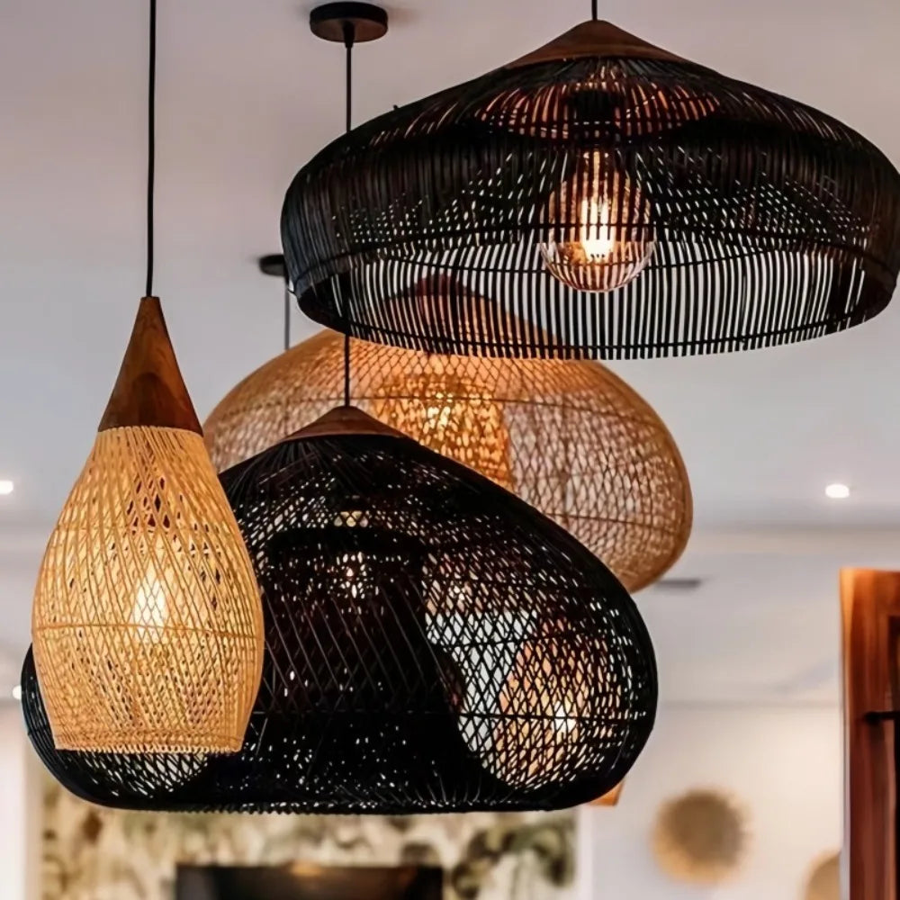 Lampadari a sospensione retrò in bambù intrecciato a mano, lampade a sospensione Wabi Sabi.